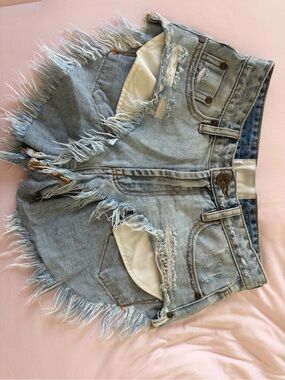 One Teaspoon Distressed Light Blue "Rollers" Denim Shorts
